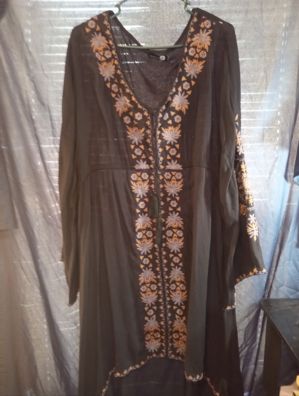 Boohoo Black Long Sleeve Embroidered Floral Plus Size Dress with Orange Accents